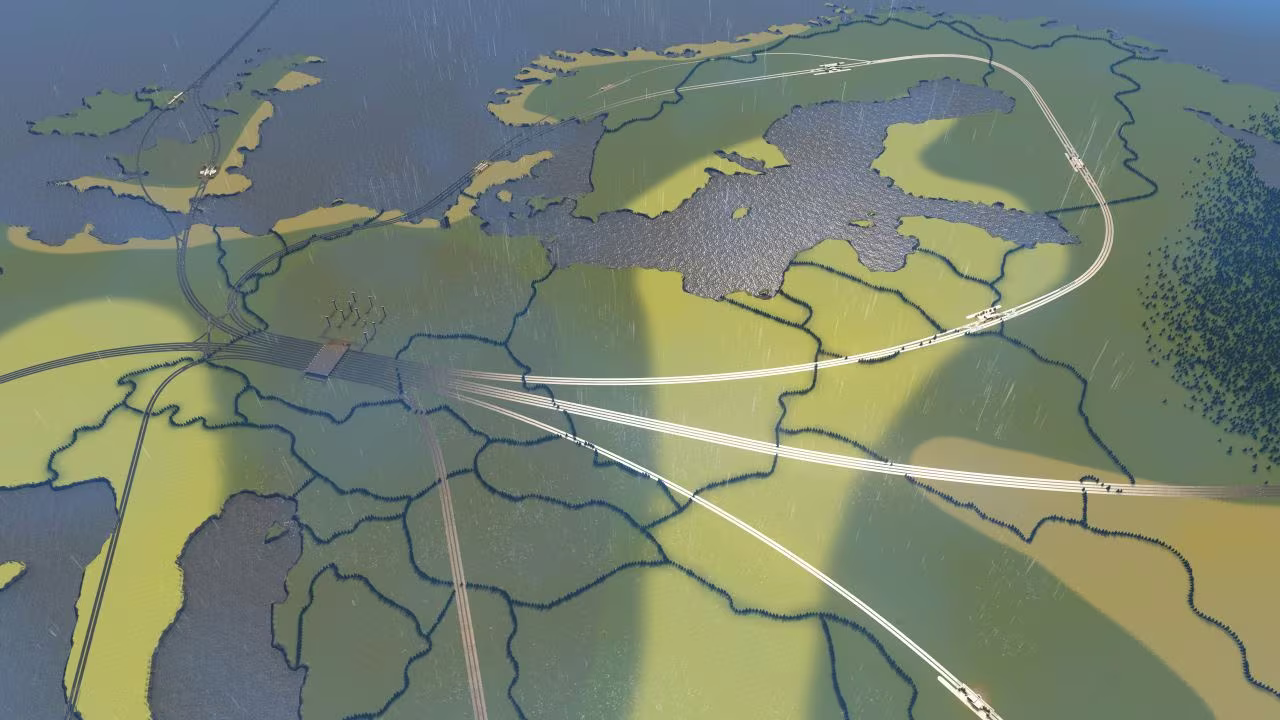 Screenshot aus Cities Skylines: Ansicht auf das verzweigte Zugnetzwerk, das sich über die Europakarte erstreckt. In der Mitte der Karte sammeln sich alle Gleise.
